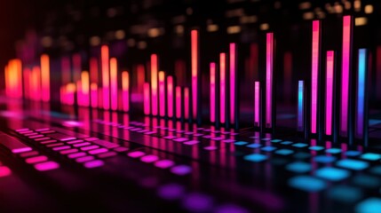 Naklejka premium A neon equalizer visual effect with retro-futuristic designs and bright, vibrant colors, perfectly synced to the beat of the music