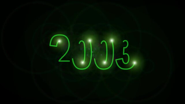 2003 new year animated. concept 2003 animation green color text on black background.