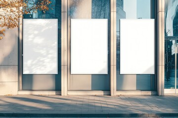 Minimalist design of three vertical white posters on windows.