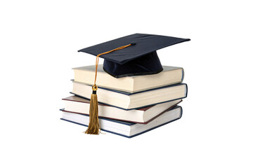Four neatly arranged books topped with a black graduation cap featuring a golden tassel, representing scholarly success. Isolated on a transparent background