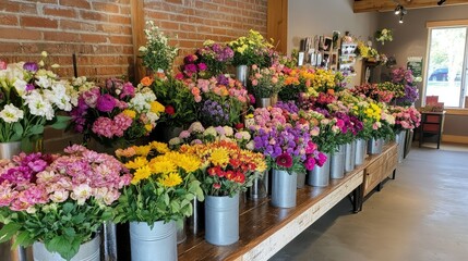 Fototapeta premium Rows of colorful flowers in galvanized vases lining the entrance of a small street flower shop with a vintage aesthetic.