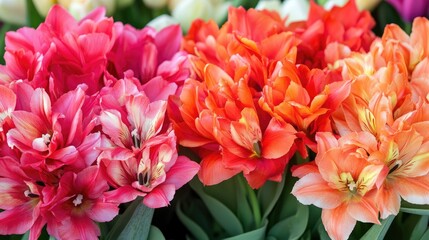 Fototapeta premium Rows of vivid red and orange tulips fill a Dutch flower bulb nursery, glowing brightly under the spring sun.