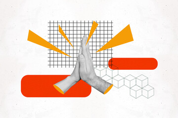 Creative design composite trend artwork collage of sign gesture body language hand hold together partnership deal success cooperation