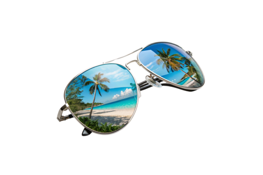 Stylish aviator sunglasses mirror a tranquil coastline. Palm trees and vibrant foliage frame the sandy beach, while azure waves ripple under a clear blue sky. Isolated on a transparent background