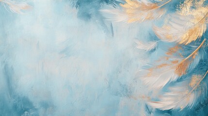 Gold, white feathers on blue textured background
