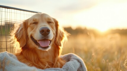 A content golden retriever relaxing in a serene setting during sunset, showcasing joy and tranquility in a beautiful outdoor environment.
