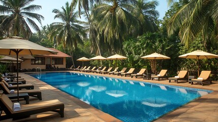 Fototapeta premium A swimming pool is surrounded by palm trees and lounge chairs with umbrellas. 