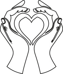 Hands forming a heart shape, symbolizing love and care. Isolated on a white background, with closeup of fingers showing a romantic gesture. Elegant woman’s hands with red manicure silhouette vector