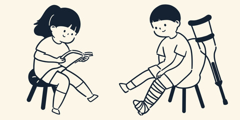 足を骨折してギプスをつけている男の子と本を読んでいる女の子が椅子に座っているシンプルでかわいいイラスト