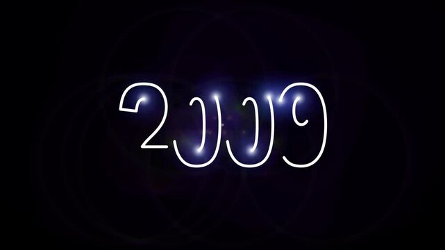 new year 2009 celebration white color text with blue light over black background.
