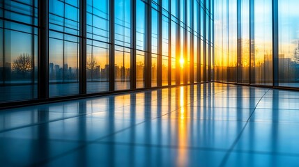 Fototapeta premium Modern Office Sunset View Glass Wall Design sky blue urban light clean