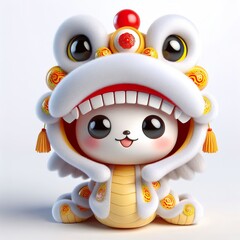3D Adorable cartoon snake in a lion dance costume, white background