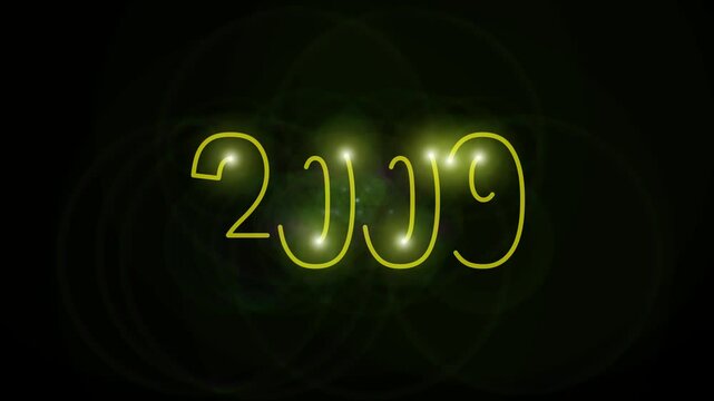 2009 new year celebrate animation yellow color text with yellow color light on dark background.
