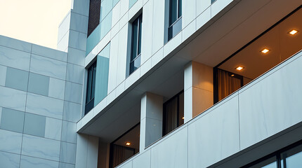 Fototapeta premium Modern Architectural Design: Sleek Apartment Building Exterior with Geometric Facade and City Views