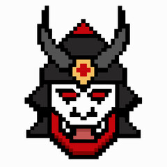 Pixel Art Samurai Mask with Horns and Red Accents