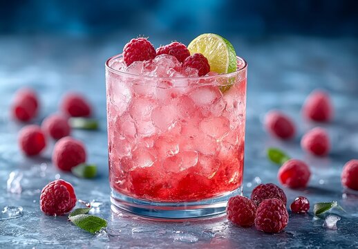 summer drinkEnjoy an iced red raspberry punch cocktail garnished with lime in a glass, placed on a colorful background