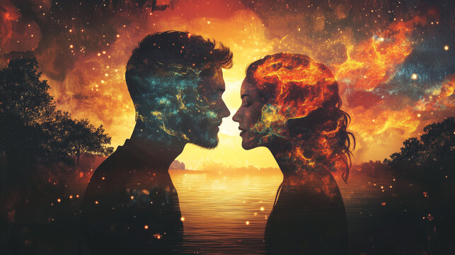 romantic couple spiritual connection illustration. man and woman in a love relationship.