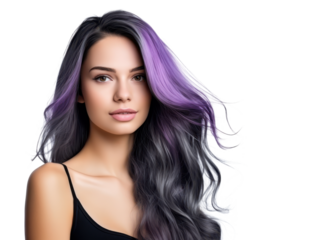 beautiful woman model serious looking with black purple hair isolated on white or transparent png