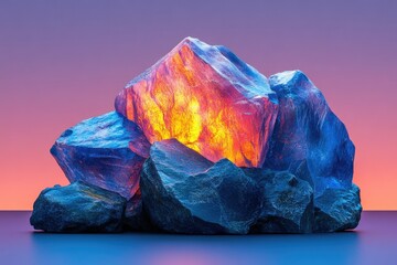Obraz premium Glowing, vibrant rocks illuminated with warm, inner light against a purple-pink sunset backdrop.