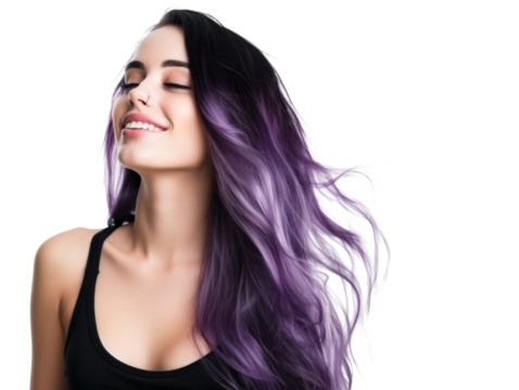 beautiful woman model looking joyful with black purple hair isolated on white or transparent png