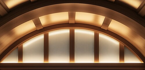 Arched ceiling with a blend of natural wood and frosted glass panels, illuminated by soft ambient lights, isolated background