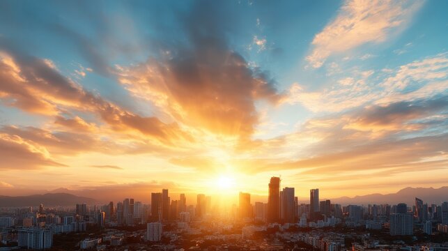 A breathtaking sunset unfolds over a lively city skyline, casting golden rays that illuminate the buildings and skies, creating a stunning and dramatic scene of urban beauty. - Powered by Adobe