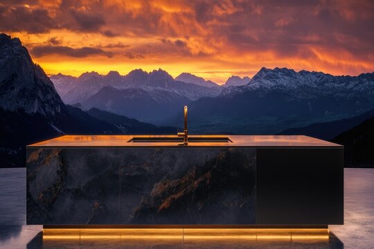 Modern kitchen with gold faucet, dark marble countertop, stunning mountain sunset view.