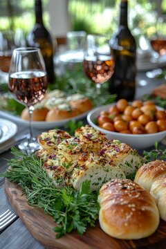 The scene of an Easter table features bright orange eggs, delicious hot cross buns, and green branches, accompanied by an empty white plate with cutlery and a glass of lemonade, all situated on a