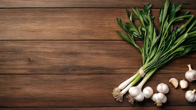 Fresh garlic and green onions on rustic wooden table