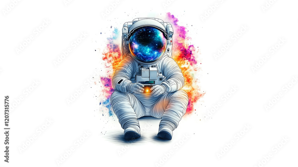 Poster astronaut accessing cloud storage while floating in space with cosmic background