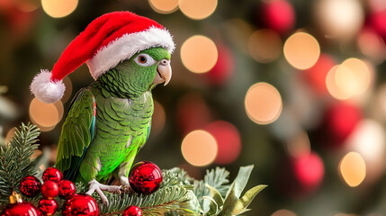 Obraz premium A green quaker parrot wearing a festive Santa hat, celebrating Christmas in a cheerful holiday setting