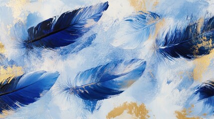 Blue feathers, gold paint, abstract art, website banner