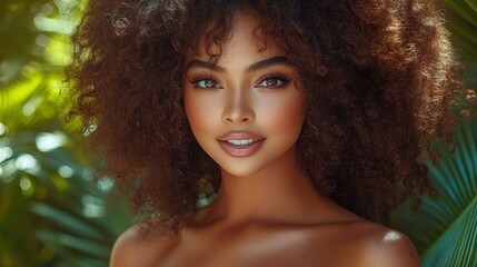 A vibrant young woman showcases her stunning curly hair while smiling warmly in a lush green tropical garden under the bright sunlight, embodying natural beauty