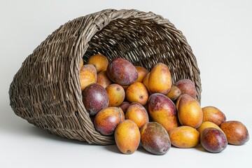 A wicker basket overflowing with ripe plums, showcasing a variety of colors and textures.