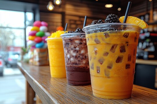 Plastic glasses of Thai tea, cocoa, and green tea cold drinks arranged on a wooden bar in a coffee shop or cafe setting, prepared for customers to enjoy takeaway or delivery