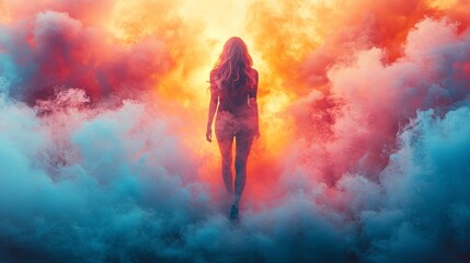 Silhouette of a Woman Walking in Clouds