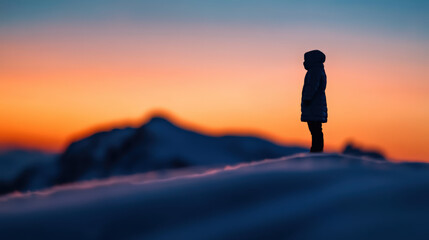 Obraz premium Silhouette d'une personne debout sur une colline au coucher du soleil avec montagne floue