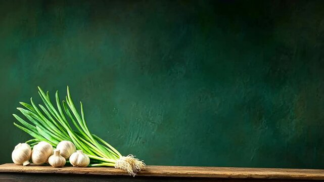 Fresh garlic and green onions on rustic wooden table