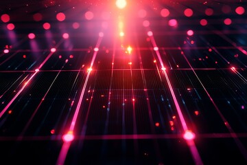 Obraz premium A vibrant digital landscape featuring glowing lines and dots, creating a futuristic grid effect with a mix of red and purple hues.