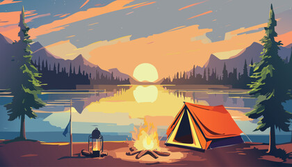 Tent and bonfire on the shore of lake. Vector illustration.