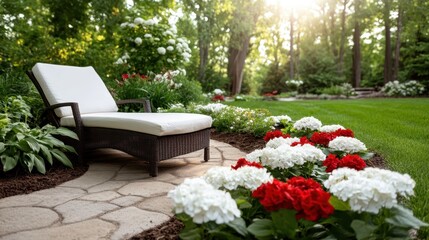 A tranquil garden scene featuring a cozy lounge chair surrounded by vibrant red and white flowers, illuminated by the warm glow of sunlight filtering through trees.