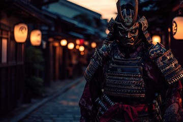 Samurai in traditional armor walking through a historic Japanese street at dusk, illuminated by lanterns, showcasing culture, heritage, and ancient history.