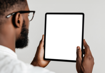 Digital tablet mockup in hand, Young man holding tablet with blank empty white screen mock up isolated transparent PNG. Web site design, advertisement, business technology and online shopping concept