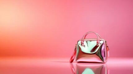 A chic, shiny handbag placed elegantly against a soft gradient backdrop, showcasing its stylish design and reflective surface that catches the light beautifully.
