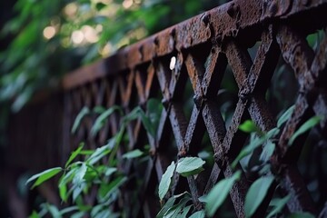 Obraz premium Rusty metal fence with green vines, overgrown foliage in garden, natural elements combining with urban structures, texture and nature in harmony.