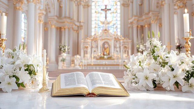 Pristine white lily blooms surrounding open sacred book resting on marble altar within serene church sanctuary, symbolizing spiritual reverence