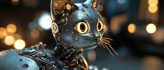 Robot cat with mechanical features and expressive eyes exploring a futuristic environment, showcasing innovation in robotics and artificial intelligence design.