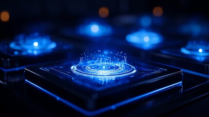 The image features glowing blue buttons or panels, emitting a futuristic light, suggesting advanced technology or digital interfaces.