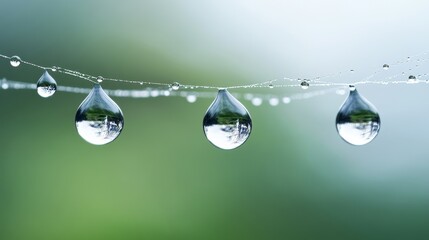 Delicate Water Droplets Suspended on a Fine Spider Web Highlighting Nature’s Beauty and Intricacy in a Soft Green and Blue Background