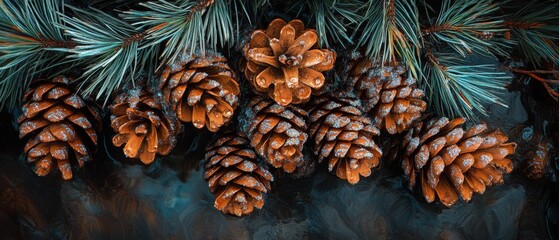 Pinecones on evergreen branches showcasing natural textures and colors in a serene woodland setting. Perfect for seasonal decor and nature-themed projects.